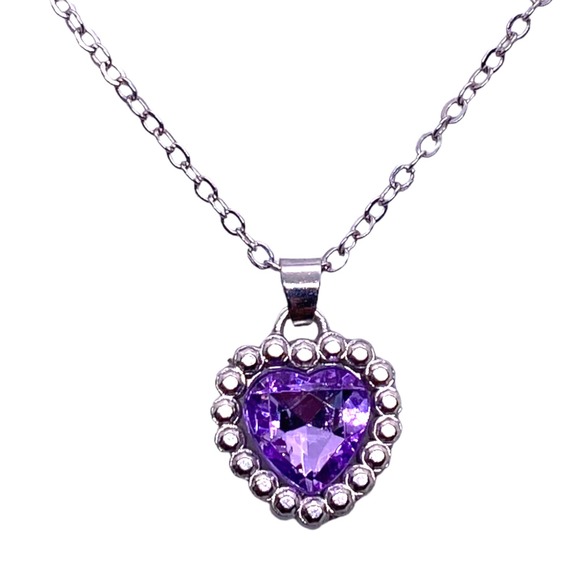 Imitation Silver PURPLE AMETHYST Gemstone Heart Necklace Jewelry Gift Box - Picture 1 of 5